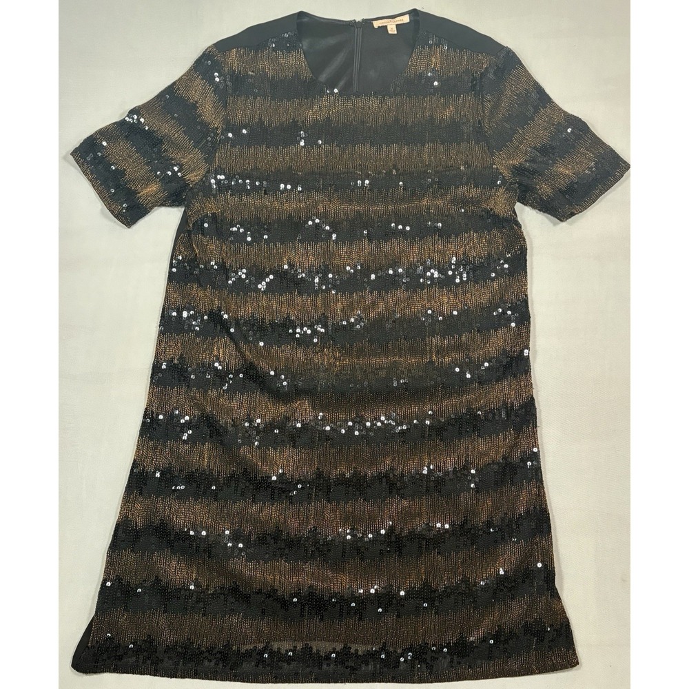 Gibson Latimer Sequin Shift Dress XL Black Gold Metallic Knit Striped Flaw